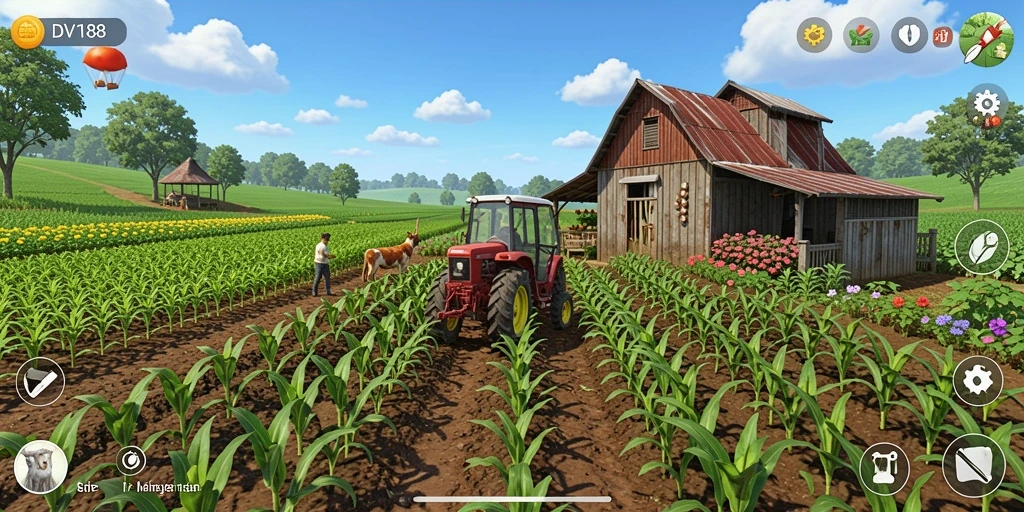 Tangkapan layar gameplay DV188 yang menunjukkan proses bertani.