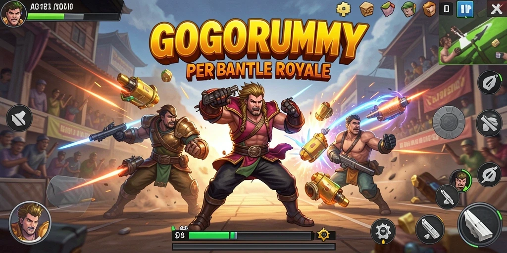 Screenshot GOGORUMMY menampilkan aksi intens dalam pertempuran Battle Royale.
