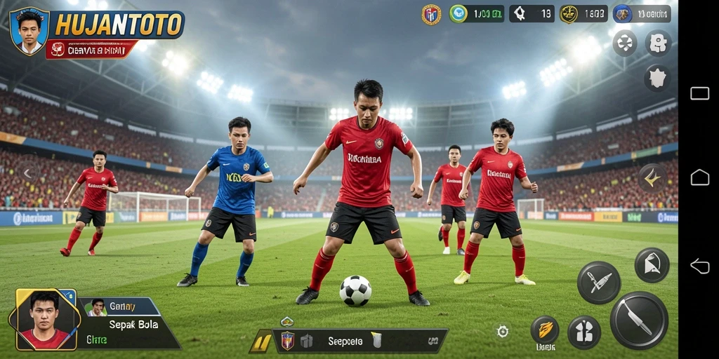 Tampilan gameplay seru HUJANTOTO dengan aksi sepak bola yang mendebarkan.