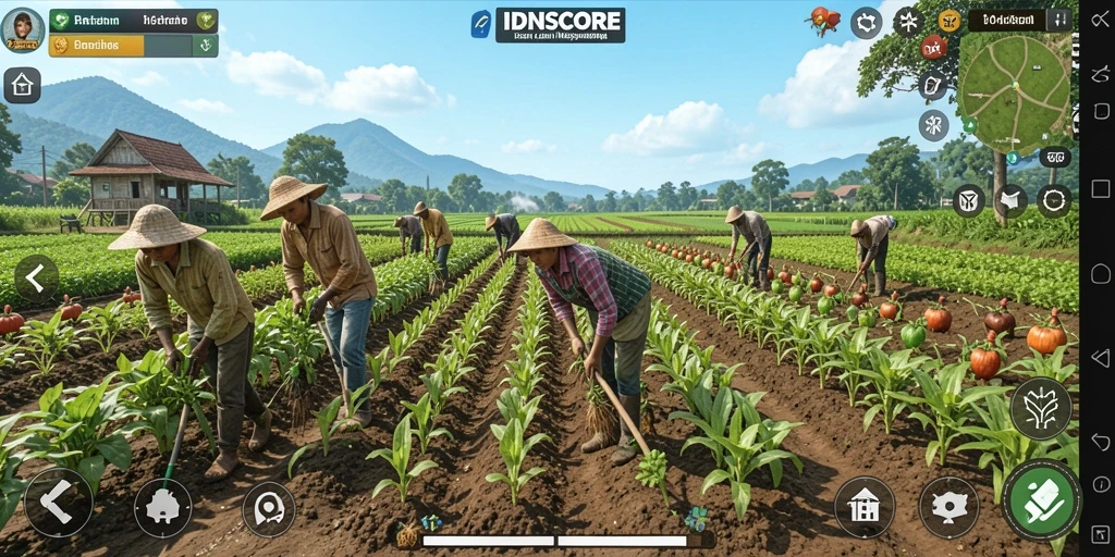 Gameplay IDNSCORE menampilkan berbagai aktivitas bertani yang seru.