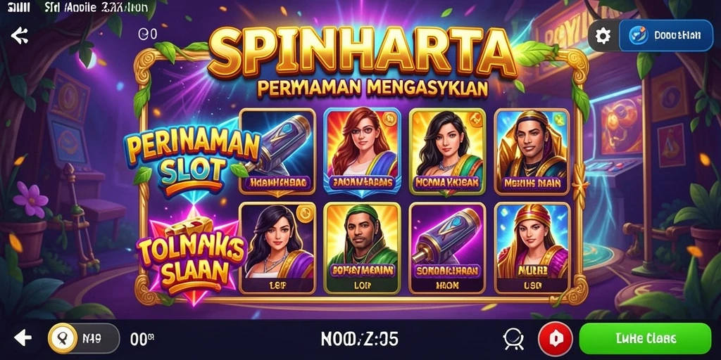 Tampilan gameplay SPINHARTA dengan berbagai simbol slot yang menarik.
