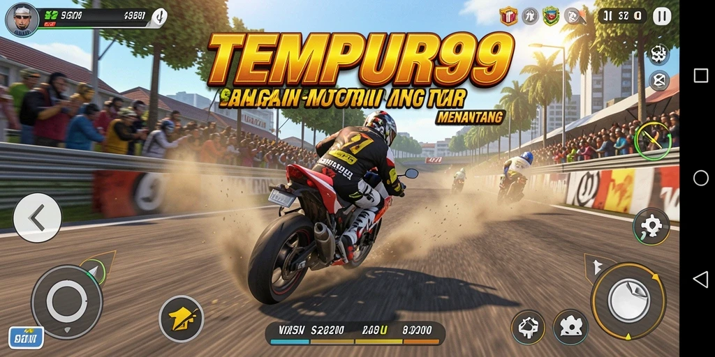 Tampilan gameplay TEMPUR99 yang mendebarkan dan penuh aksi balapan motor.